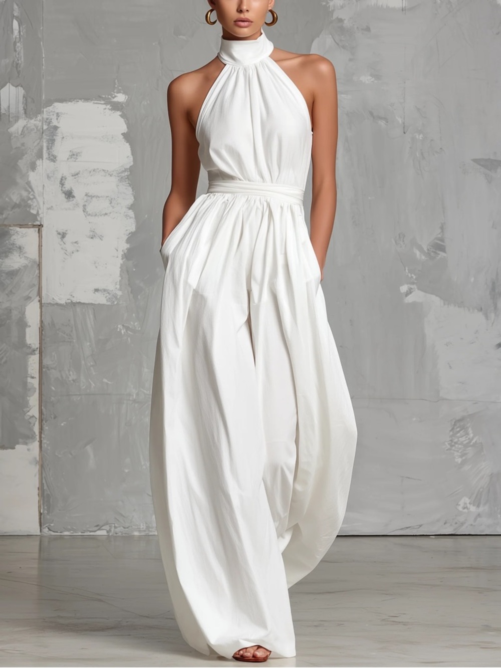 White Halter Neck Wide-Leg Jumpsuit